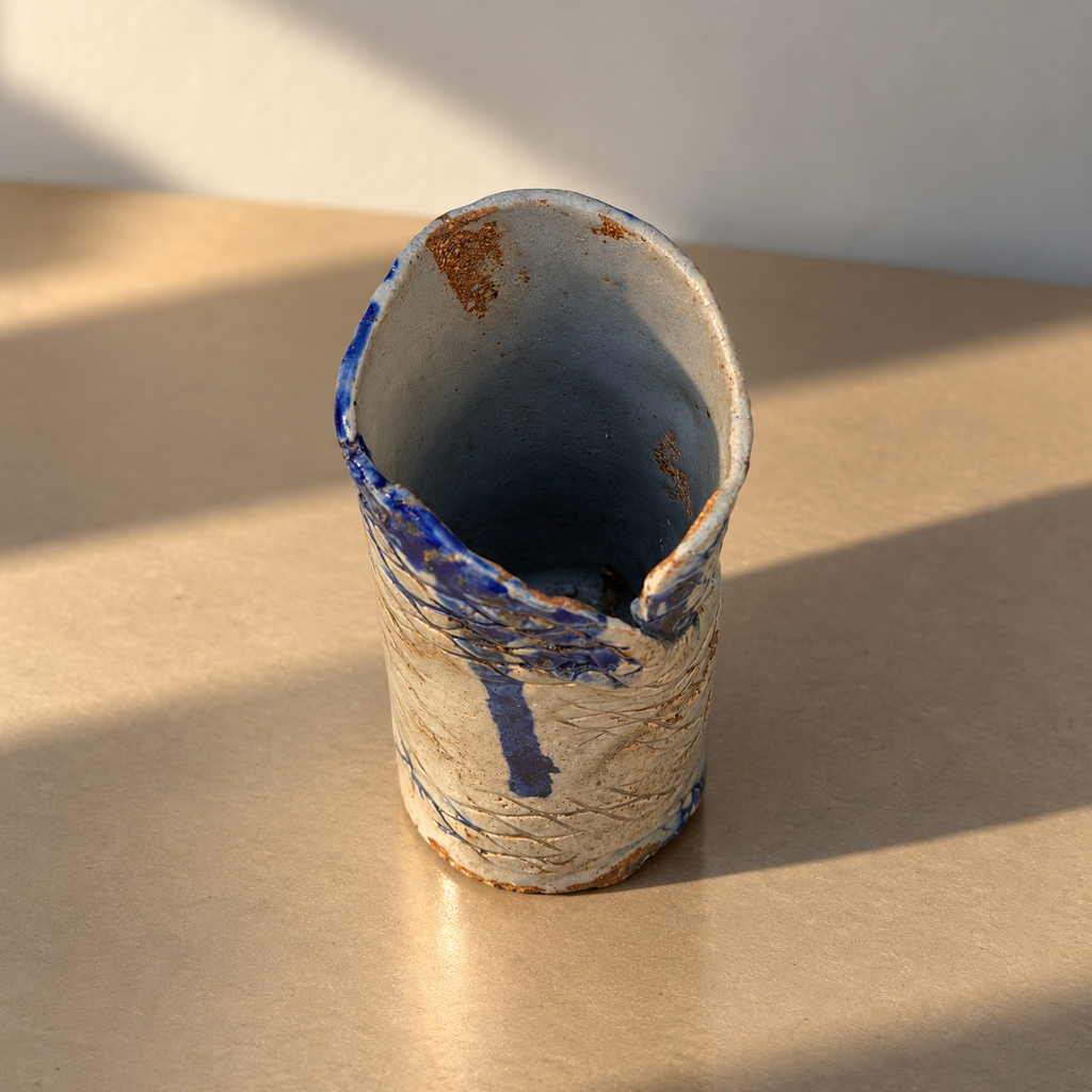 Top view of blue studio pottery vase showing the opening