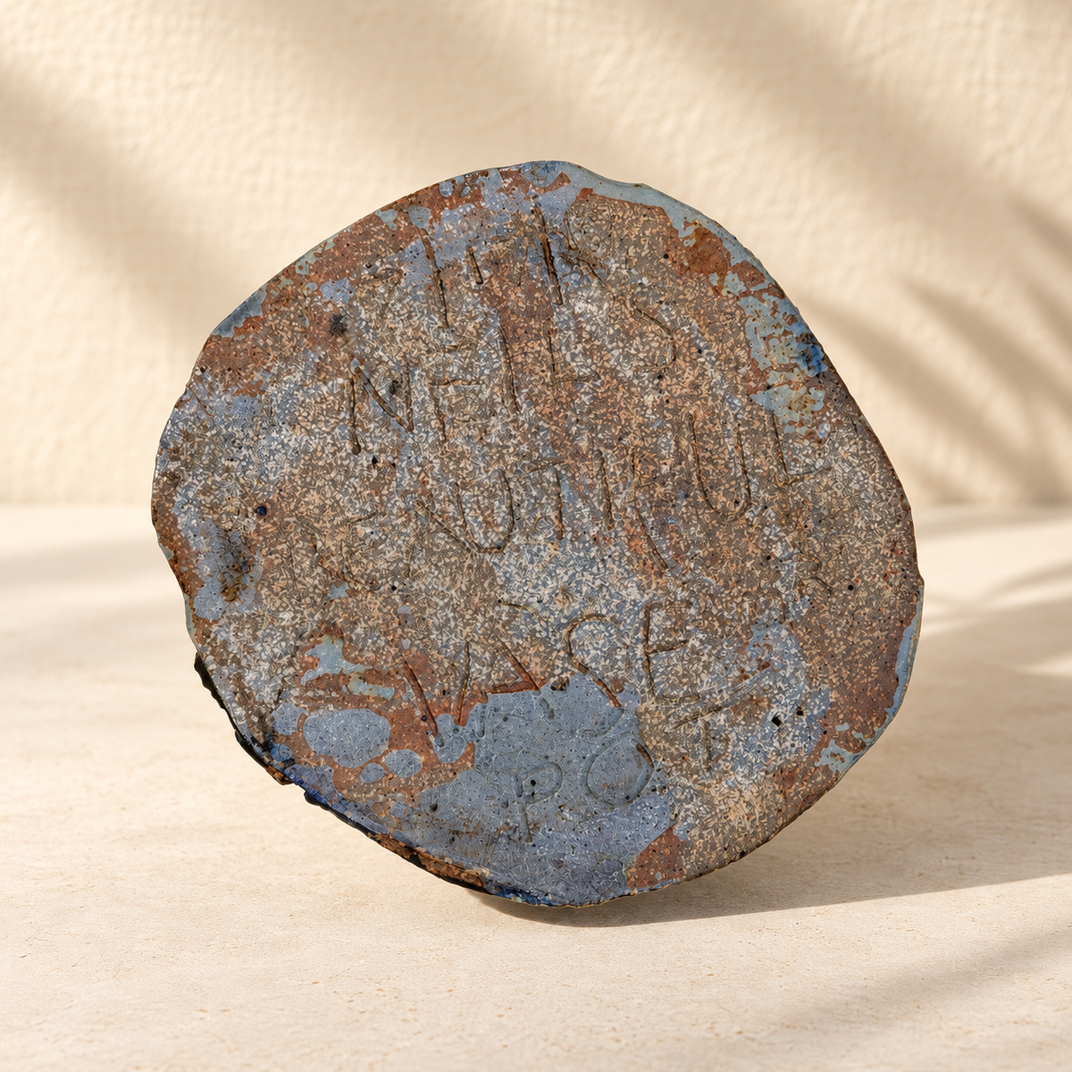 Bottom of floral relief on blue ceramic vase
