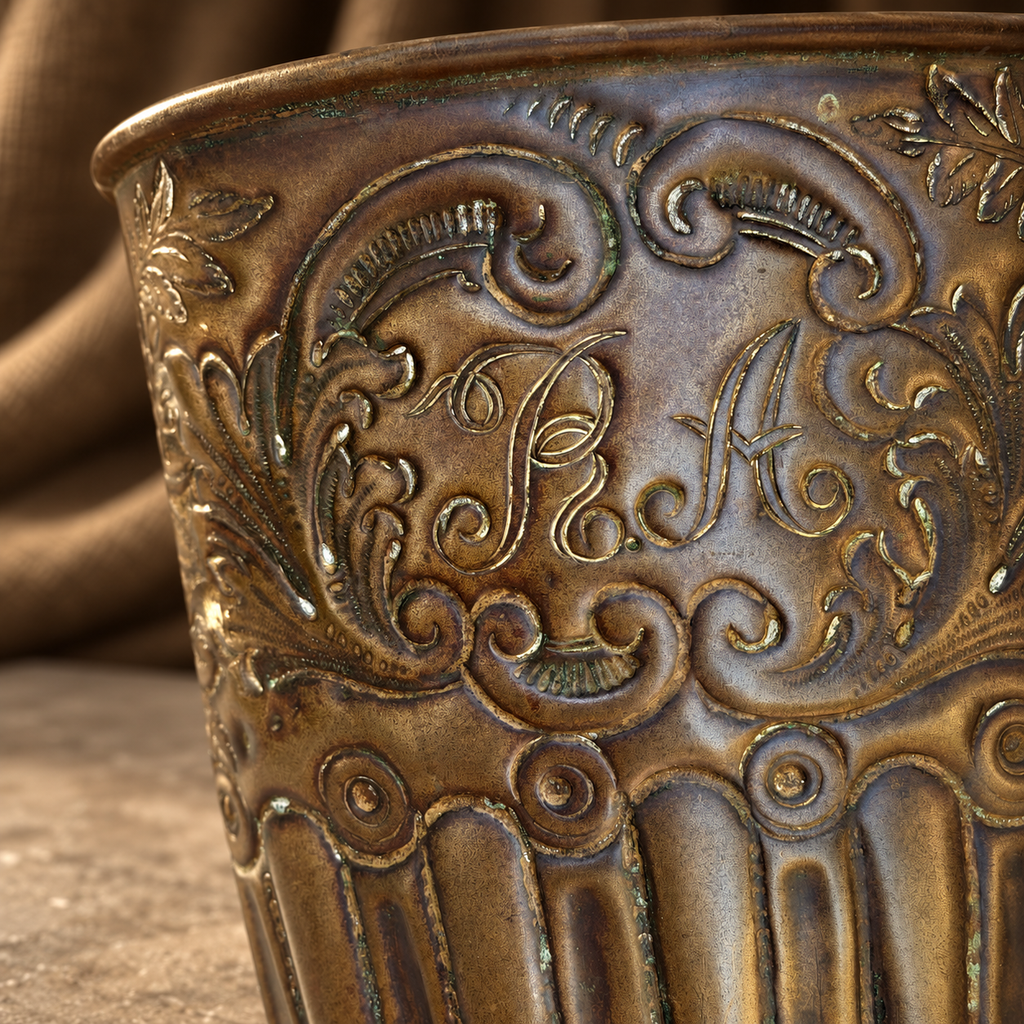 Close-up of the floral decoration on a brass cachepot.