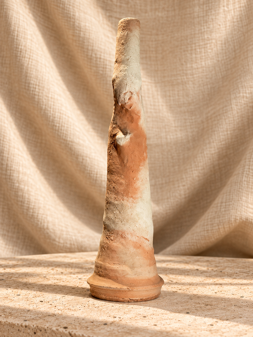 Side view of Moroccan terracotta vessel with sculptural tree-like silhouette and twin tubular spouts — Hommes and Gardens, Vases + Vessels Collection, Objects + Curiosities Collection, Home Decor, Interior Designer, Home Design, Luxury Design, Art, Objects, Primitive Pottery, Moroccan Design, Mediterranean Decor, Organic Modern.