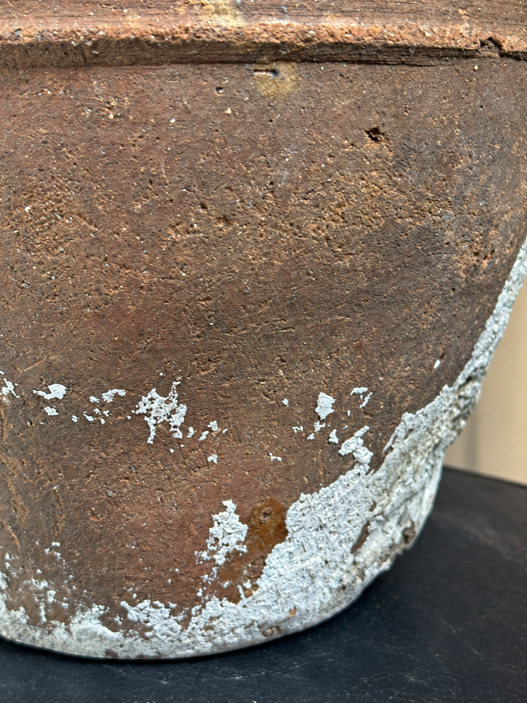 Bottom view of calcified mineral patina and textured earthen surface on 19th-century terracotta storage vessel — Hommes and Gardens, Vases + Vessels Collection, Home Decor, Landscape Architect, Interior Designer, Outdoor Decorations, Home Design, Luxury Design, Art, Objects, Rustic Decor, Wabi-Sabi, Antique Pottery, Nature.