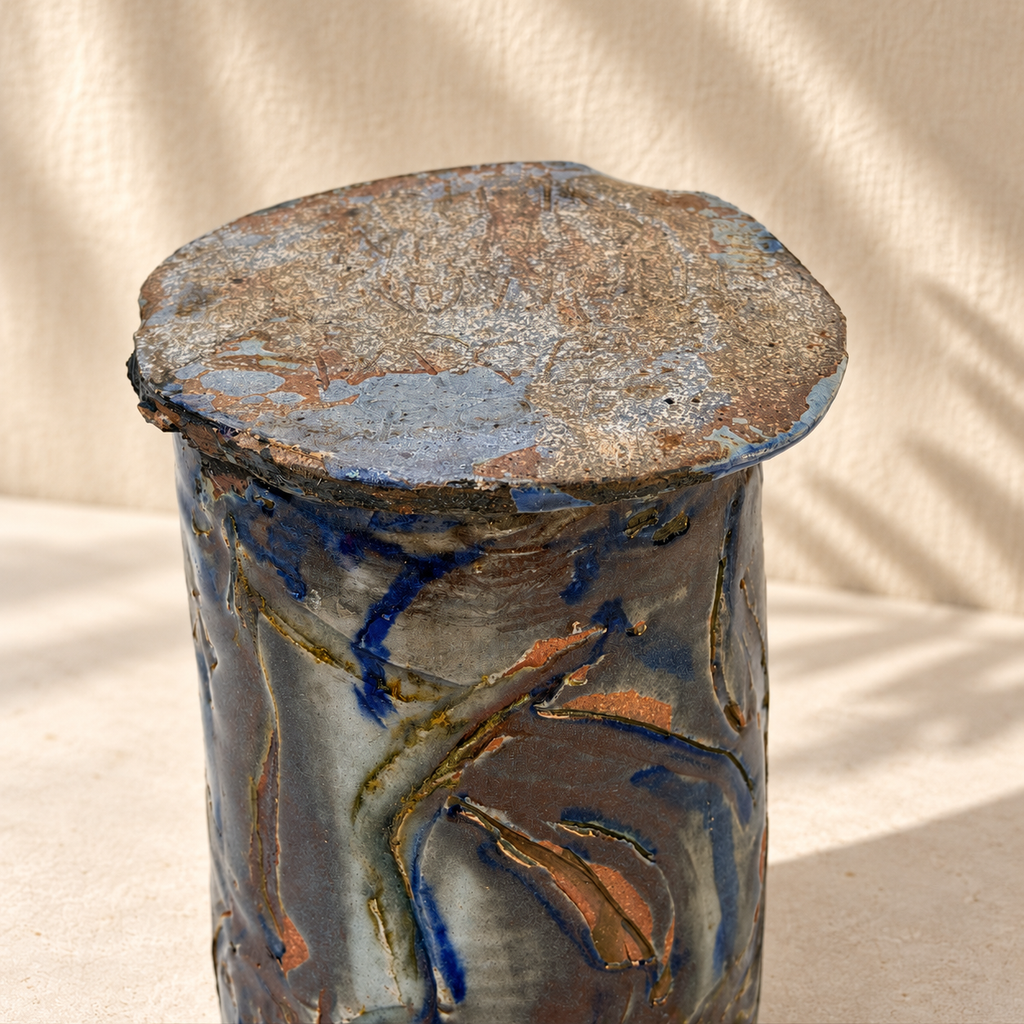 Close-up of NG signature on blue ceramic vase
