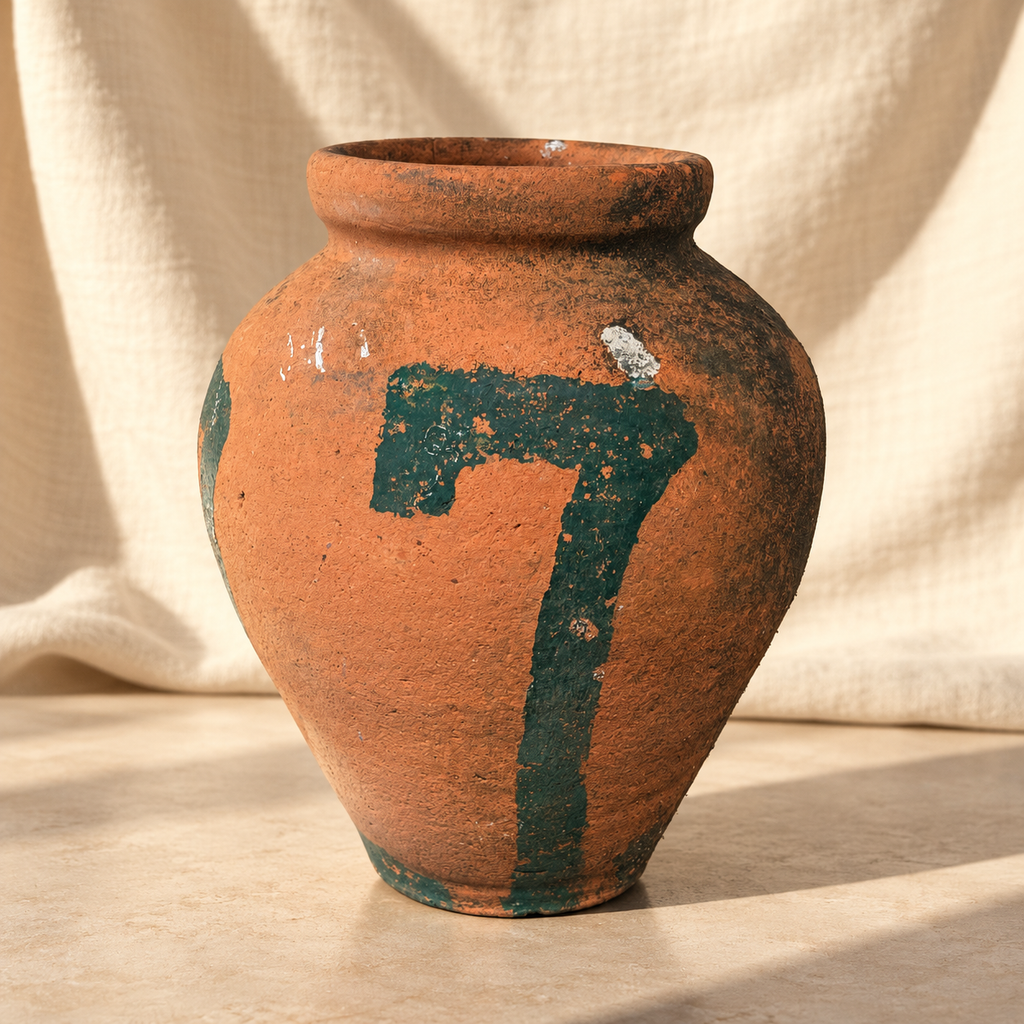 Side view of rustic terracotta storage vessel