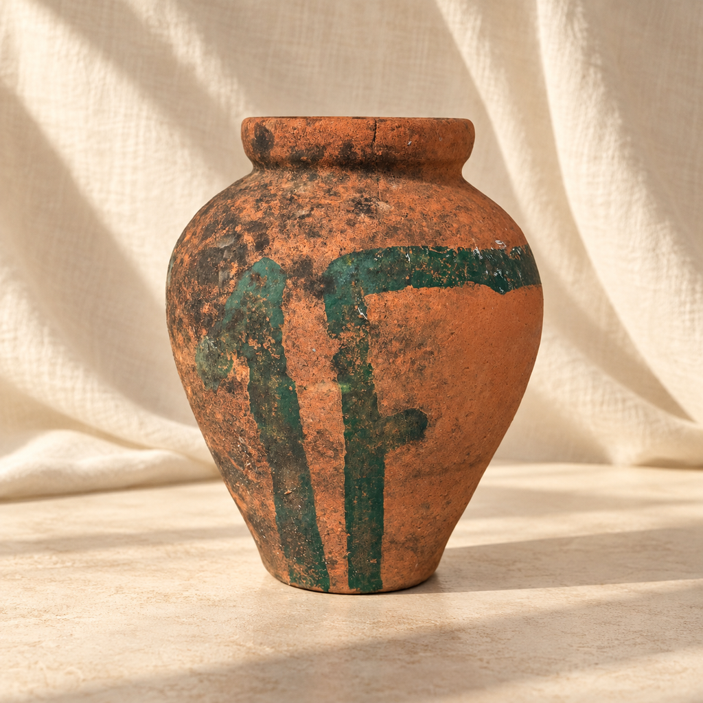 Terracotta vessel with faded green painted markings