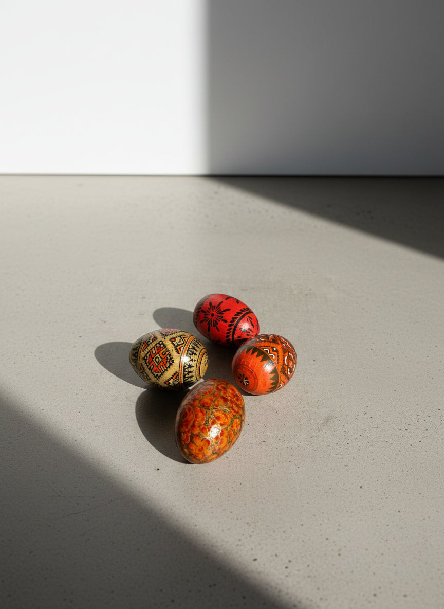 Vintage Hand-Painted Eastern European Folk Art Wooden Eggs – Set of 4 Decorative Eggs