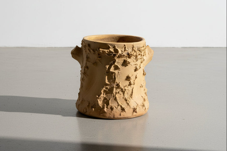 Vintage faux bois terracotta planter with sculptural bark texture