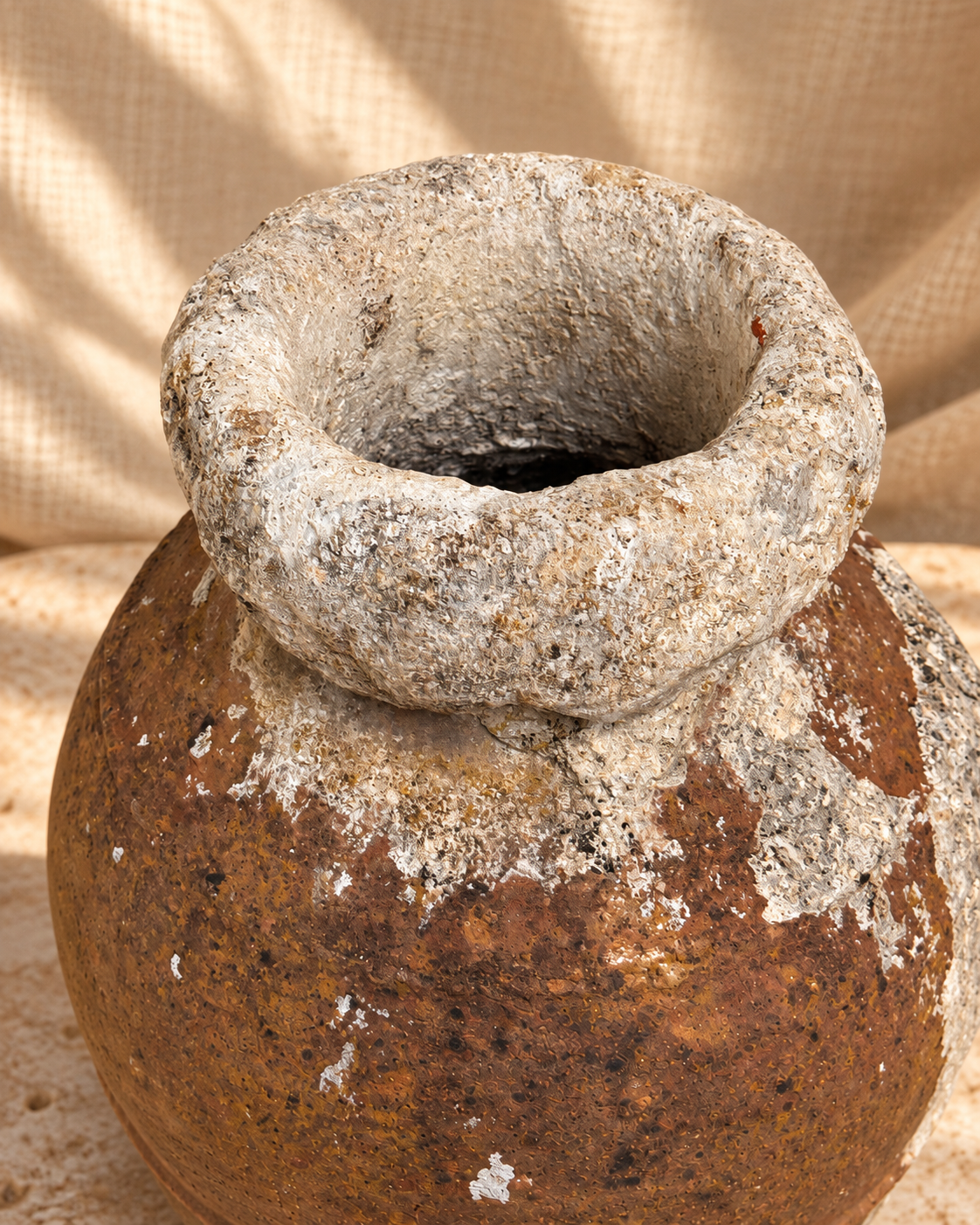Top view of antique terracotta amphora-style storage pot showing thick rim and aged interior surface — Hommes and Gardens, Vases + Vessels Collection, Objects + Curiosities Collection, Home Decor, Interior Designer, Home Design, Luxury Design, Art, Objects, Mediterranean Style, Antique Ceramics, Rustic Decor, Nature.