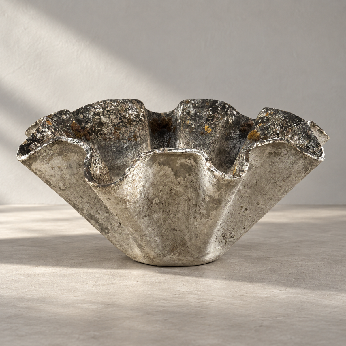 Weathered surface detail on sculptural Willy Guhl planter