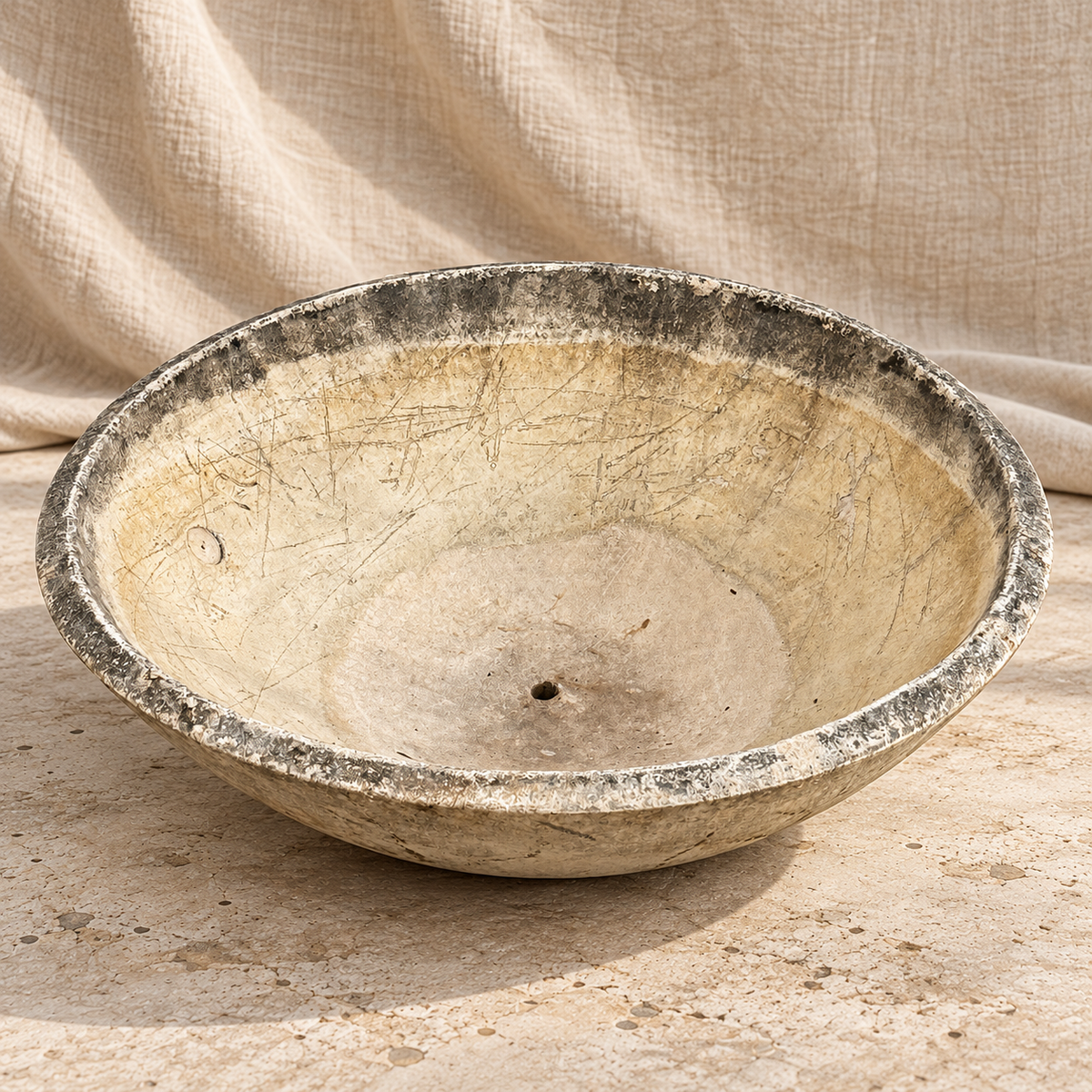 Close-up of aged mineral patina and weathered cement surface on Willy Guhl bowl planter for Eternit — Hommes and Gardens, Willy Guhl Collection, Pots + Planters Collection, Home Decor, Landscape Architect, Interior Designer, Outdoor Decorations, Garden Design, Luxury Design, Art, Objects, Swiss Design, Nature, Backyard, Yard.