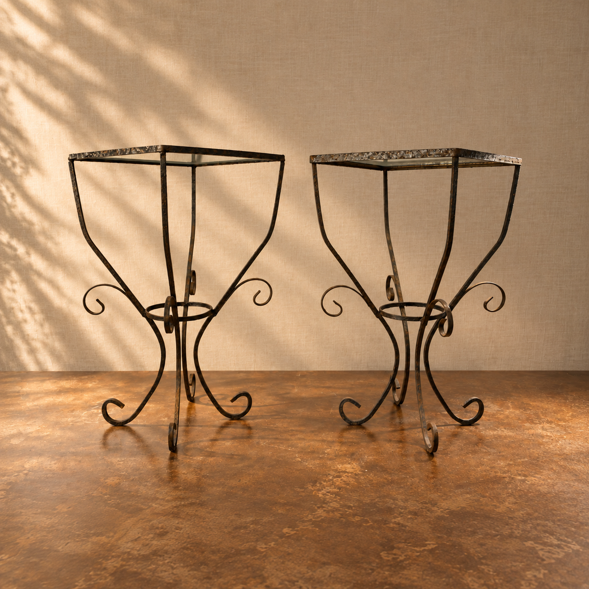 Pair of Mid-Century Hand-Forged Wrought Iron Scroll Tables with Glass Tops