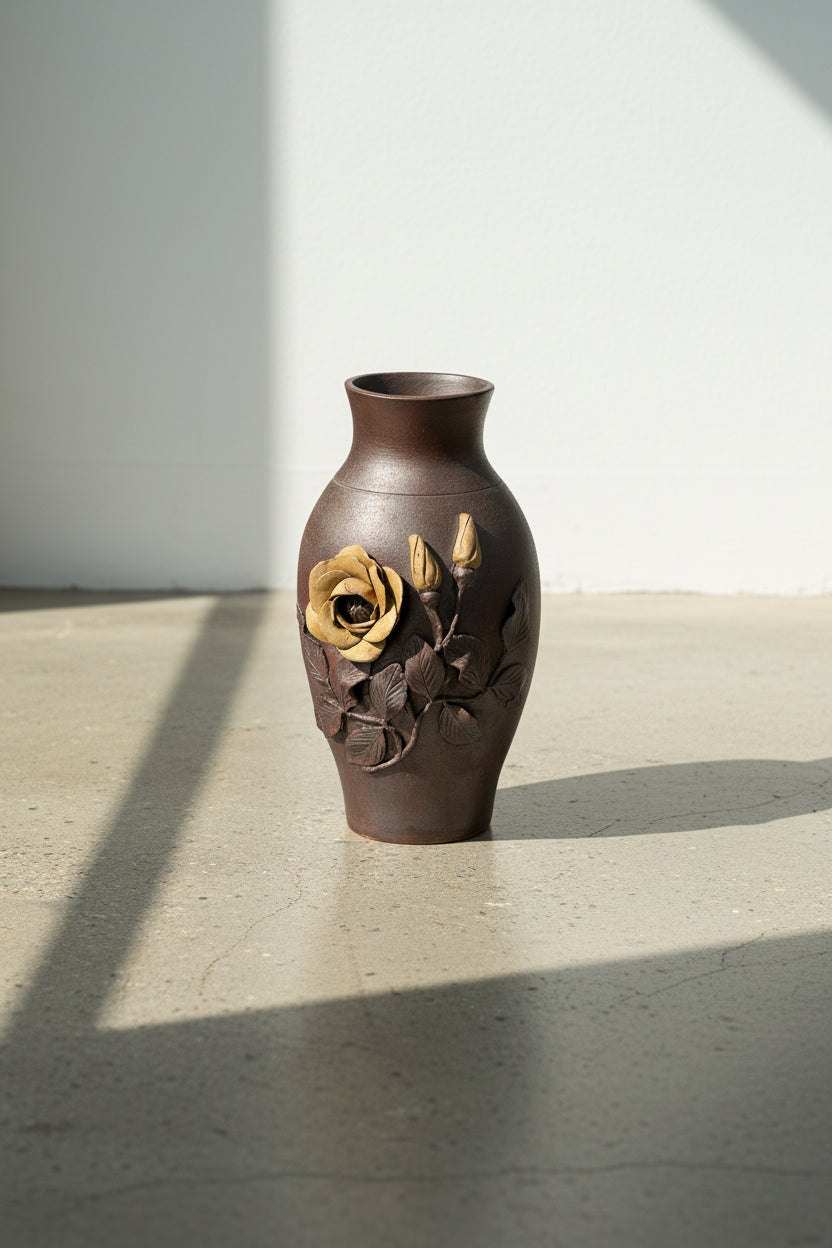 1944 Normandy France handmade pottery vase with rustic charm and artistic floral detailing, a timeless French antique collectible — Hommes and Gardens, Pots + Vessels Collection, Decorative Collection, Landscape Architect, Interior Designer, Outdoor Living, Outdoor Decorations, Home Design, Luxury Design, Art, Furniture, Objects, Best Gifts, Nature, Backyard, Yard.