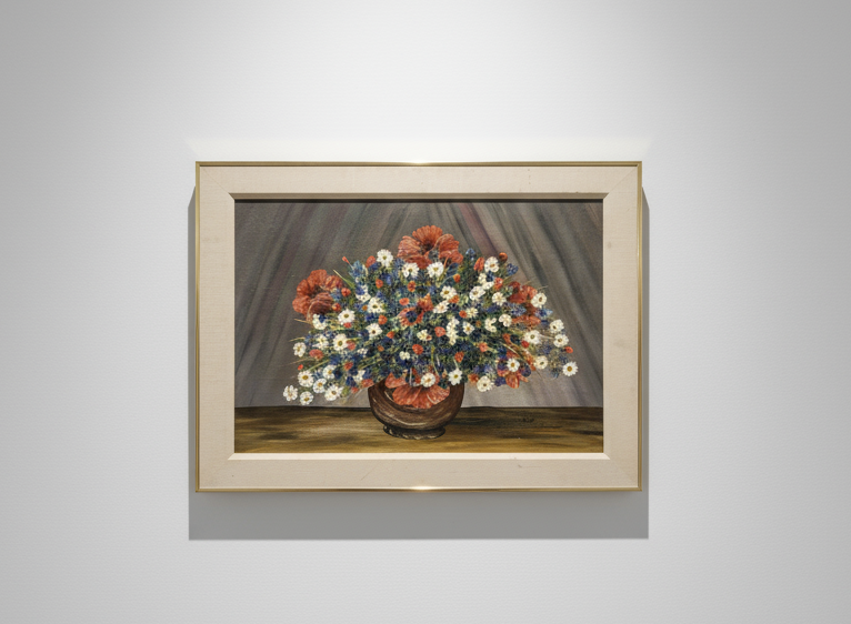 1977 CZECHOSLOVAKIAN TEXTURED PAINTING ON CANVAS with vibrant floral arrangement, framed 22" x 30". hommes + gardens estudio.