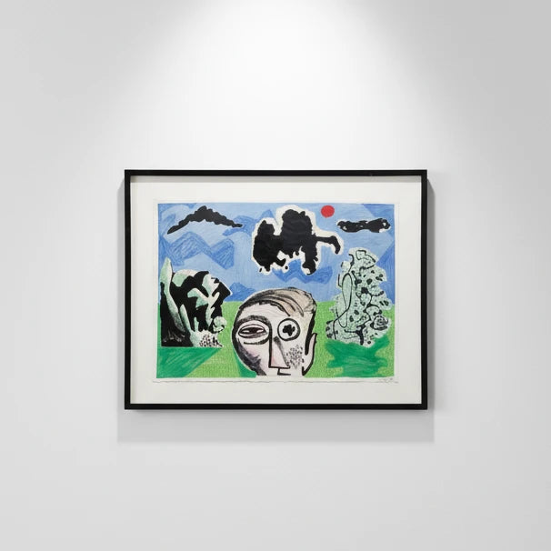 1990s Untitled Abstract Painting by Cole, figurative mixed media artwork in frame. hommes + gardens estudio.