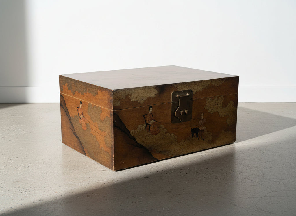 20th-century Chinese wedding chest hand-painted with traditional figures, animals, and clouds, a cultural wooden storage piece reflecting classic artistry — Hommes and Gardens, Decorative Collection, Home Decor, Landscape Architect, Interior Designer, Outdoor Living, Outdoor Decorations, Home Design, Luxury Design, Art, Furniture, Objects, Best Gifts, Nature, Backyard, Yard.