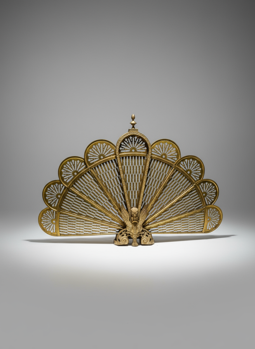 Antique Brass Griffin & Peacock Folding Fire Guard – Edwardian Fireplace c.1900s showcasing intricate peacock design and griffin base. hommes + gardens estudio.