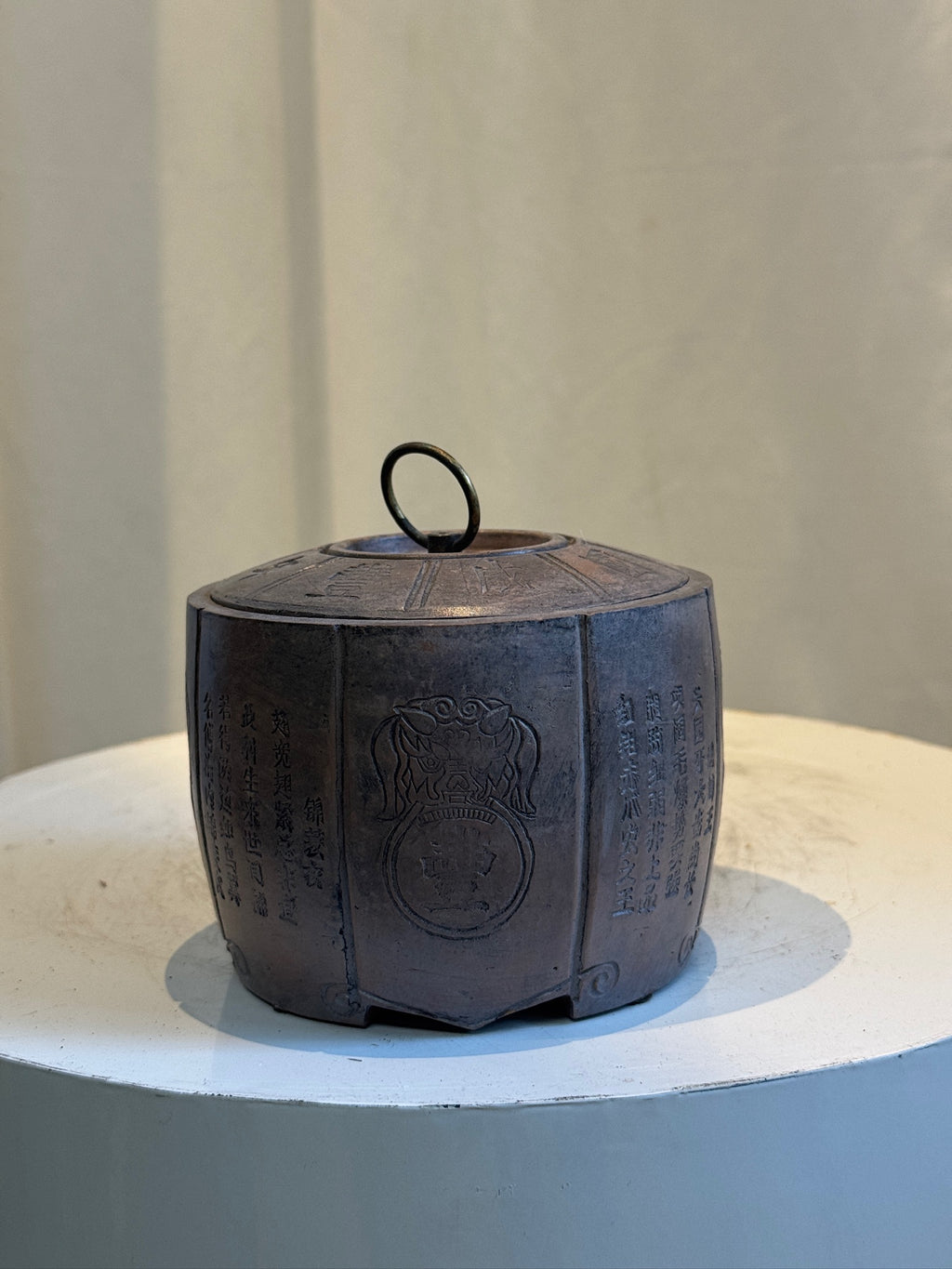 Antique Chinese calligraphic clay vessel with natural aged patina and inscribed panels, elegant decorative art object for collectors — Hommes and Gardens, Objects Collection, Landscape Architect, Interior Designer, Outdoor Living, Art, Furniture, Objects, Best Gifts, Nature, Backyard, Yard, Outdoor Decorations, Home Decor, Home Design, Luxury Design.