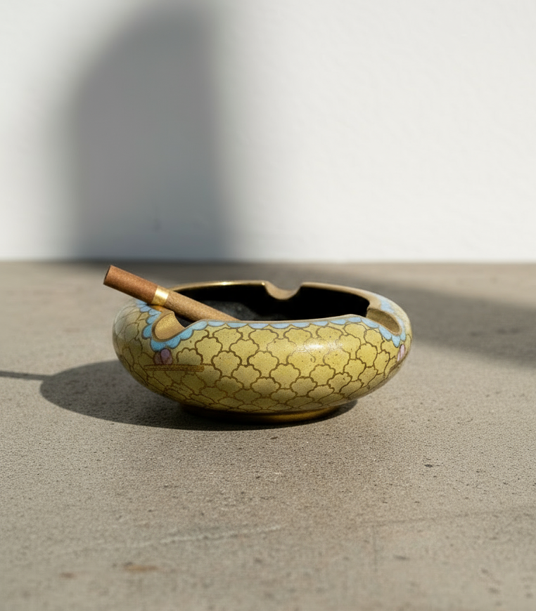 Antique Chinese cloisonné enamel ashtray on a brass base with geometric cloud patterns in yellow and blue, a collectible Ming-style decorative art piece — Hommes and Gardens, Smoke + Fire Collection, Decorative Objects, Landscape Architect, Interior Designer, Outdoor Living, Outdoor Decorations, Home Design, Luxury Design, Art, Furniture, Objects, Best Gifts, Nature, Backyard, Yard.
