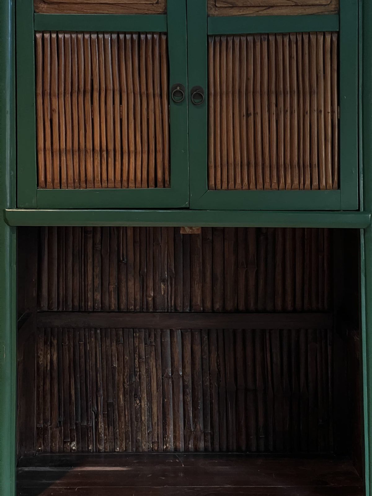 Chinese Qing Dynasty Kitchen Cabinet With Bamboo and Sliding Panels showcasing bamboo doors and dark wood interior. hommes + gardens estudio.