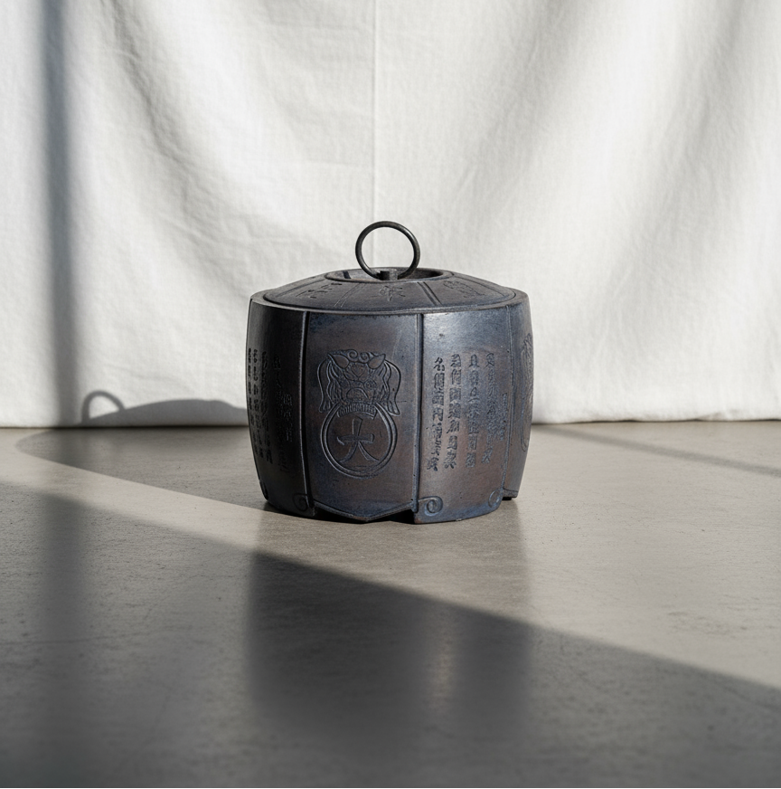 Antique Chinese lidded clay vessel with incised calligraphy
