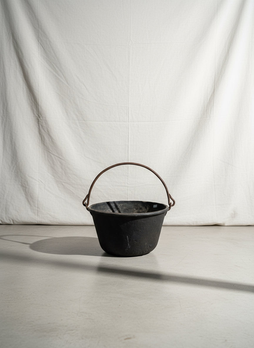 Antique Late 1800'S  Heavy Copper Kettle Apple Butter Pot with Handle on a neutral background, hommes + gardens estudio.