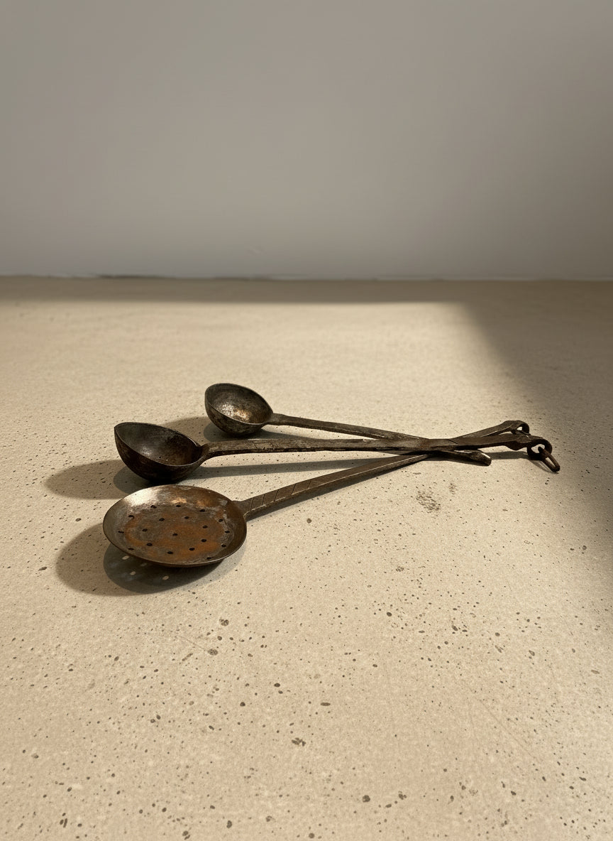 antique hand forged iron ladles set of 3