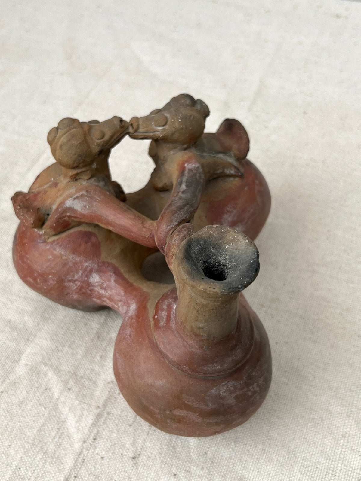 Rare Pre Columbian Terracotta Chimu Vessel Pottery featuring intricate designs and unique shape, hommes + gardens estudio.
