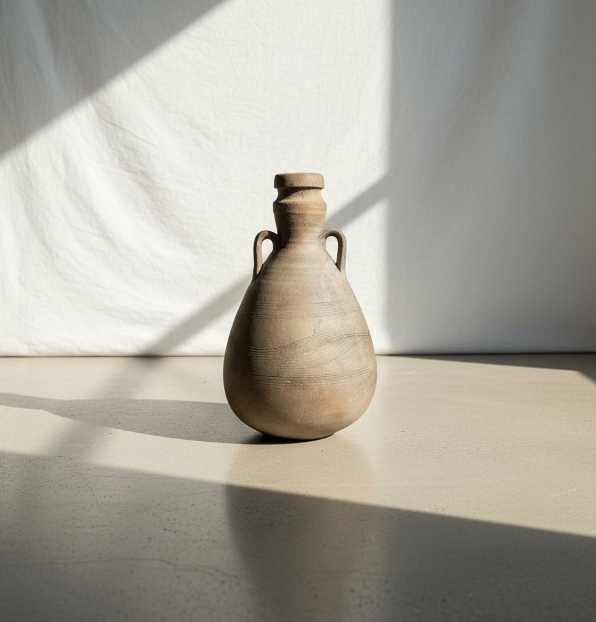 Antique terracotta amphora in Classical Roman style with aged earthen patina, tapered body, and curved handles, a timeless decorative vessel inspired by ancient pottery — Hommes and Gardens, Decorative Collection, Home Decor, Landscape Architect, Interior Designer, Outdoor Living, Outdoor Decorations, Home Design, Luxury Design, Art, Furniture, Objects, Best Gifts, Nature, Backyard, Yard.