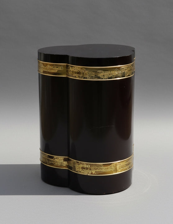 Circa 1970s Bernhard Rohne for Mastercraft Trefoil Lacquered Pedestal Table with Etched Brass Details, showcasing black lacquer finish. hommes + gardens estudio.