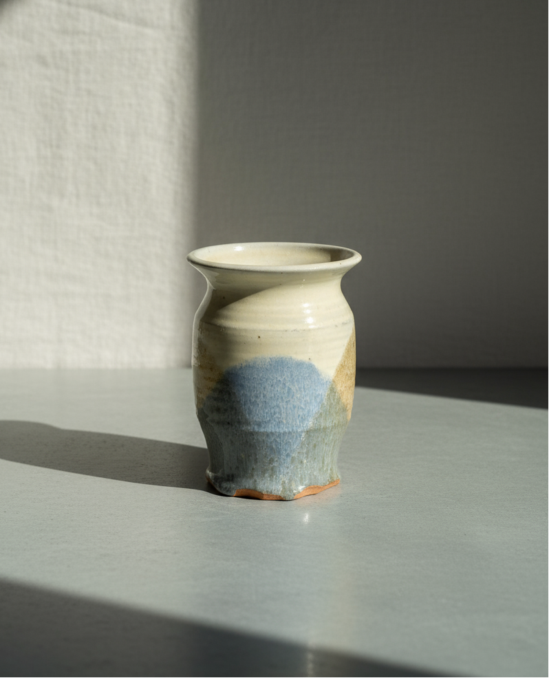 Blue and beige glaze studio pottery vase signed by the artist, featuring smooth transitions of colour and artisanal craftsmanship, a serene and elegant decorative accent — Hommes and Gardens, Pots & Vessels Collection, Home Decor, Outdoor Decorations, Landscape Architect, Interior Designer, Outdoor Living, Home Design, Luxury Design, Art, Furniture, Objects, Best Gifts, Nature, Backyard, Yard.