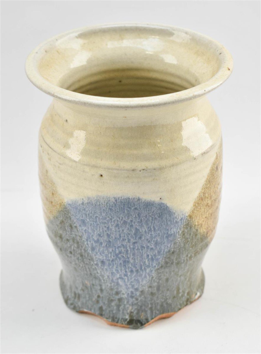 Blue and beige glaze studio pottery vase signed by the artist, featuring handcrafted texture and elegant ceramic artistry — Hommes and Gardens, Vases + Vessels Collection, home decor, outdoor decorations, home design, luxury design, Landscape Architect, Interior Designer, Outdoor Living, Art, Furniture, Objects, Best Gifts, Nature, Backyard, Yard.