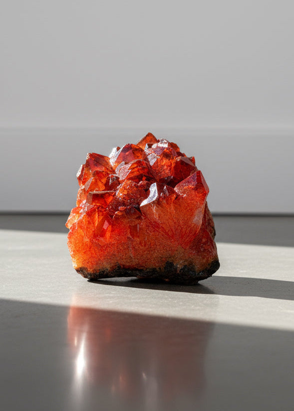 Burnt orange quartz specimen with vivid earthy hues and radiant crystalline texture, a natural gemstone ideal for collectors or elegant home décor displays — Hommes and Gardens, Home Decor Collection, Outdoor Decorations, Landscape Architect, Interior Designer, Outdoor Living, Home Design, Luxury Design, Art, Furniture, Objects, Best Gifts, Nature, Backyard, Yard.