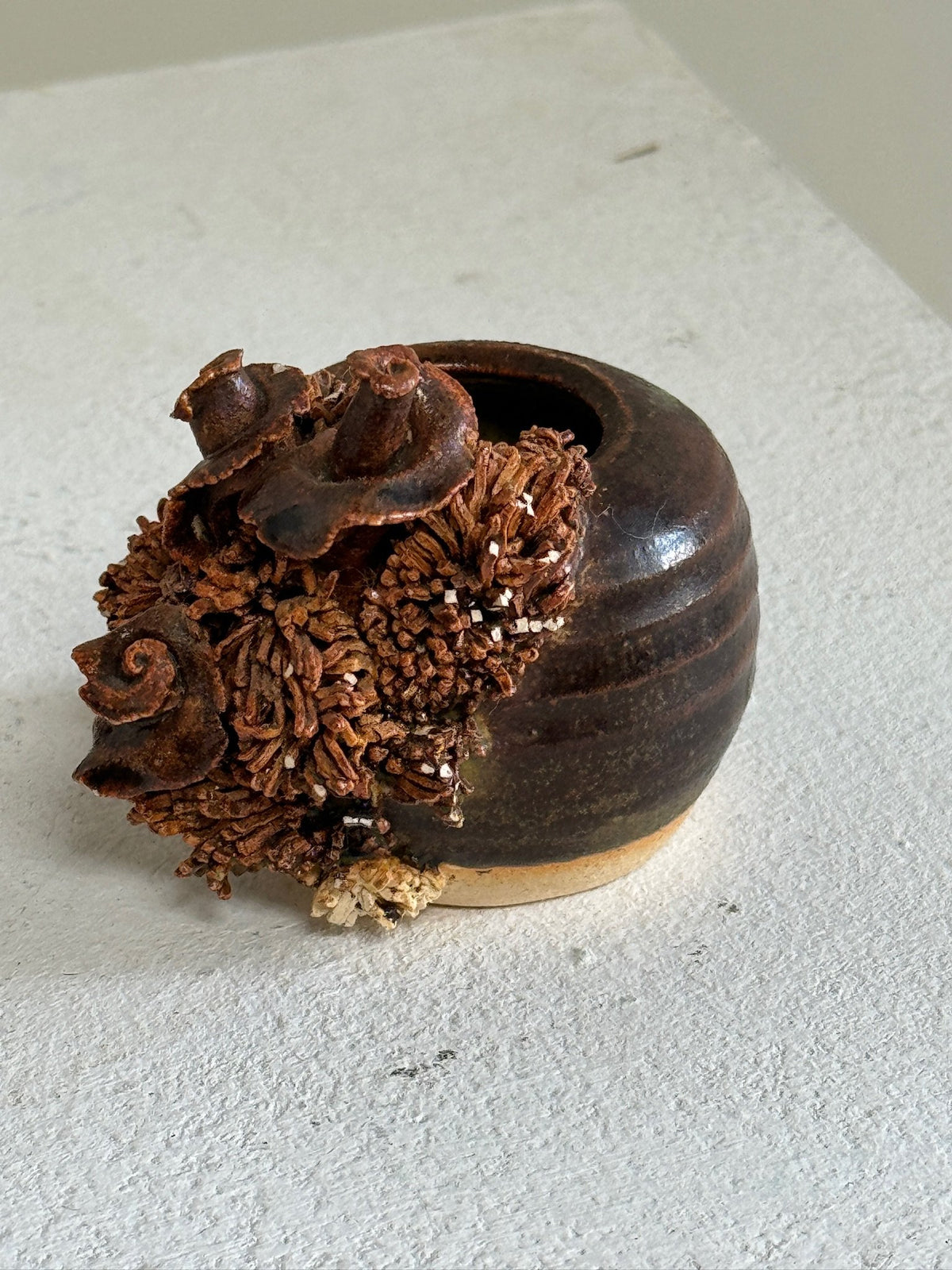 Set of 3: Vintage ceramic mushroom centerpiece + Ceramic brown fungi candle holder +Small porcelain coral bowl - rustic decor - hommes + gardens estudio