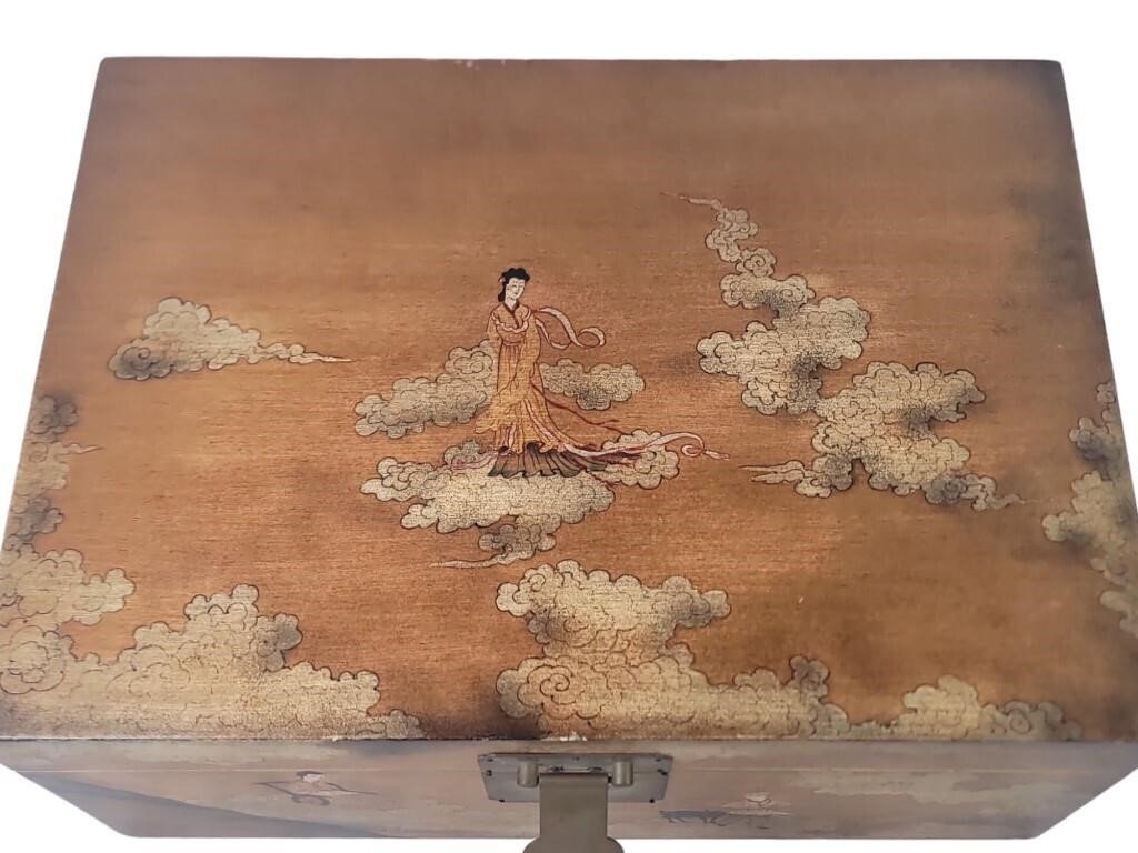 Chinese wedding chest from the 20th century featuring hand-painted cultural artwork on wood, a charming antique decorative artifact — Hommes and Gardens, Objects Collection, Landscape Architect, Interior Designer, Outdoor Living, Art, Furniture, Objects, Best Gifts, Nature, Backyard, Yard, Outdoor Decorations, Home Decor, Home Design, Luxury Design.
