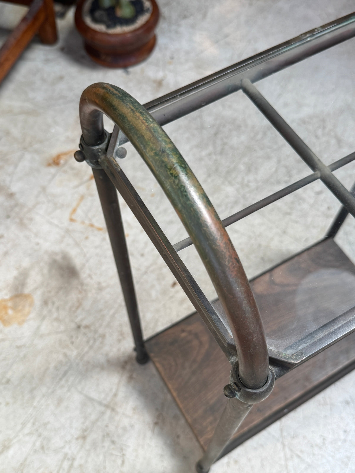 Antique Industrial Copper & Glass Entryway Stand with Wooden Shelf close-up of metal frame and wooden shelf - hommes + gardens estudio.