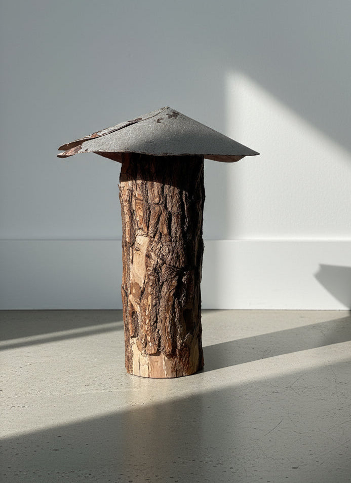 Rustic Handmade Mushroom Sculpture – Log Stem with Metal Cap Garden Ornament on a light floor. hommes + gardens estudio.