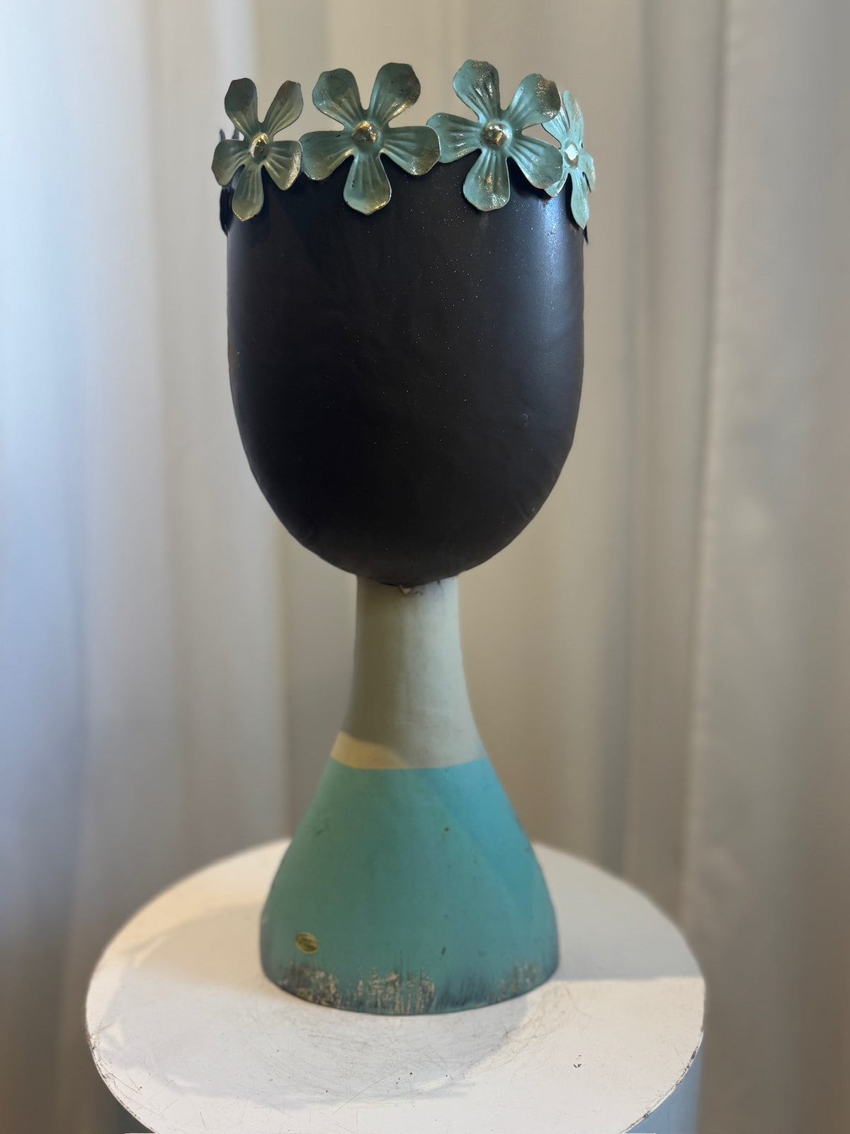 Whimsical Mid-Century Modern Metal Female Bust Planter with Aqua Floral Crown – Hand-Painted Folk Art Sculpture. hommes + gardens estudio.