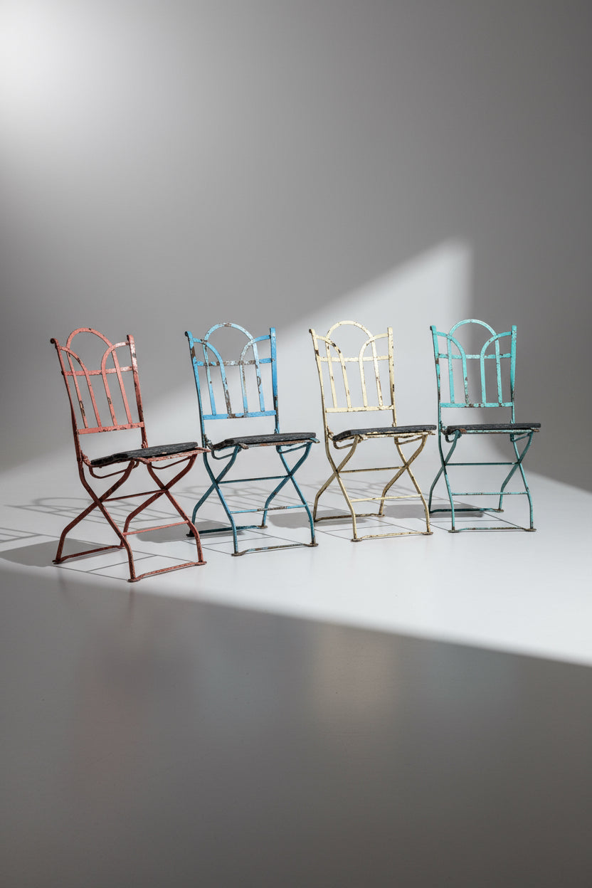 Set of 4 French antique metal and wood folding bistro garden chairs with weathered patina, showcasing classic European charm and vintage craftsmanship — Hommes and Gardens, Furniture Collection, Home Decor, Outdoor Decorations, Landscape Architect, Interior Designer, Outdoor Living, Home Design, Luxury Design, Art, Furniture, Objects, Best Gifts, Nature, Backyard, Yard.