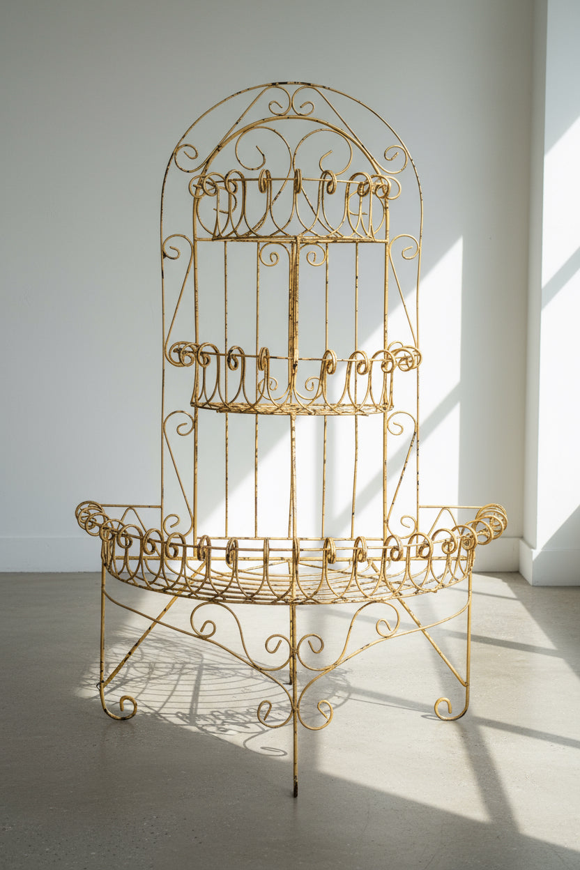 French demilune three-tier iron wire plant stand with elegant scrollwork and yellow distressed finish, a vintage mid-century piece showcasing classic craftsmanship — Hommes and Gardens, Pots & Vessels Collection, Home Decor, Outdoor Decorations, Landscape Architect, Interior Designer, Outdoor Living, Home Design, Luxury Design, Art, Furniture, Objects, Best Gifts, Nature, Backyard, Yard.