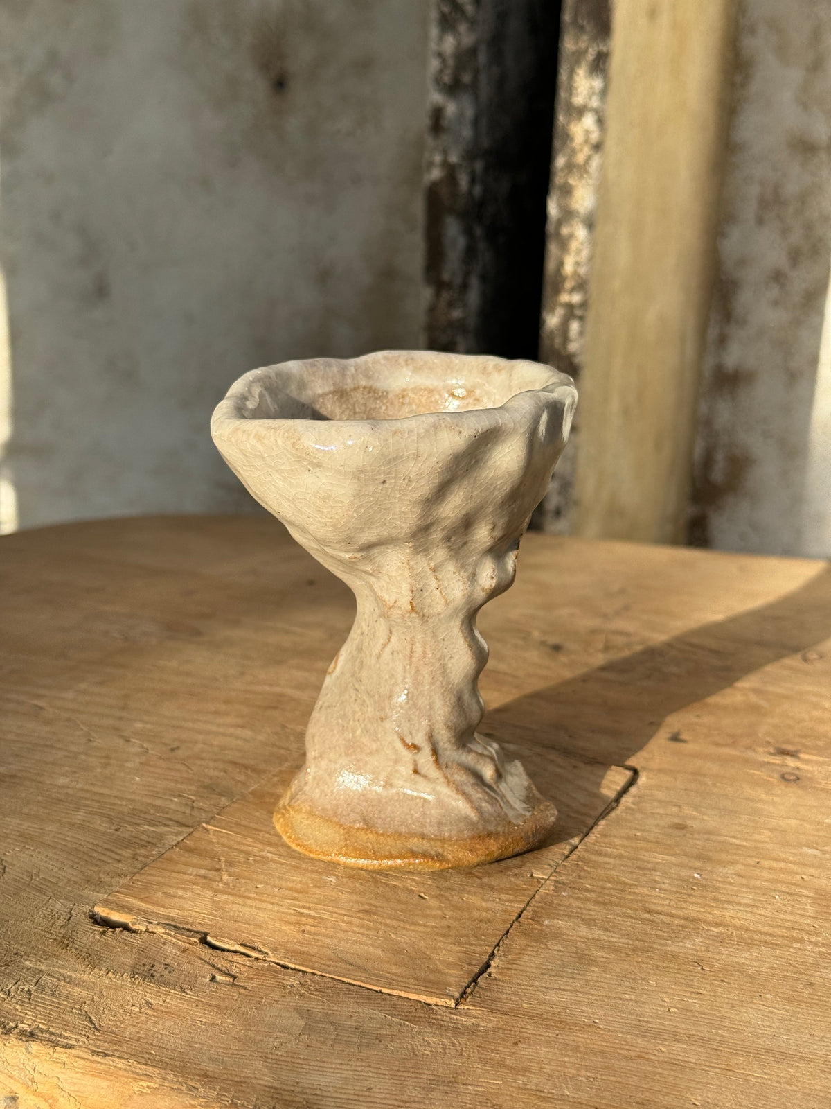Vintage Naïve Art Pottery Goblet with Hand Pressed Stem Signed Mary, showcasing whimsical design and rustic charm. hommes + gardens estudio.