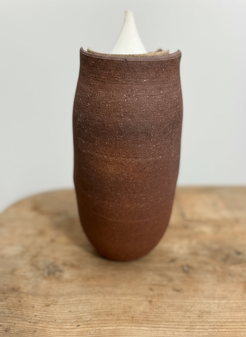 Transformation Pottery Art Sculpture featuring earthy tones, signed by Barker, mid-1980s design. hommes + gardens estudio.