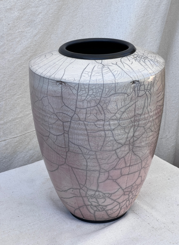 Handcrafted Raku ceramic vase with large form and crackle glaze texture, artist-signed decorative pottery piece with organic artistry — Hommes and Gardens, Vases + Vessels Collection, Landscape Architect, Interior Designer, Outdoor Living, Art, Furniture, Objects, Best Gifts, Nature, Backyard, Yard, Outdoor Decorations, Home Decor, Home Design, Luxury Design.