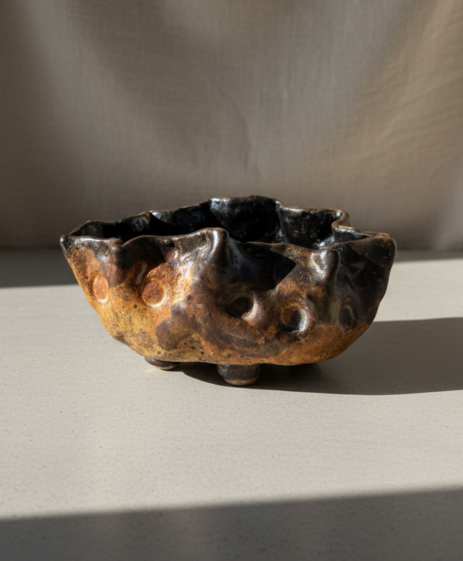 Handmade freeform studio pottery vase with organic wabi-sabi form, earthy black-brown glaze, and circular textured surface, a sculptural ceramic art piece — Hommes and Gardens, Decorative Collection, Home Decor, Landscape Architect, Interior Designer, Outdoor Living, Outdoor Decorations, Home Design, Luxury Design, Art, Furniture, Objects, Best Gifts, Nature, Backyard, Yard.