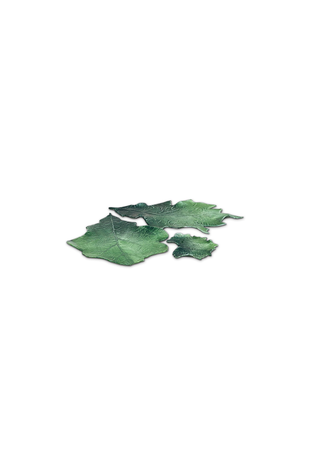 Vietri Hand Crafted Italian Porcelain Leaf Set displaying elegant green leaf designs, showcasing Italian artistry. hommes + gardens estudio.