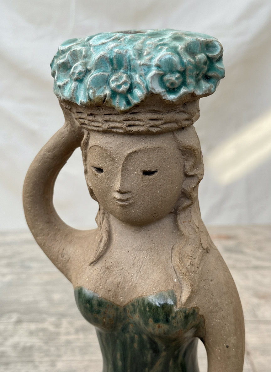 Vintage Stoneware Hungarian Mermaid Figurine Candle Holder showcasing an enchanting mermaid figure with floral detailing. hommes + gardens estudio.