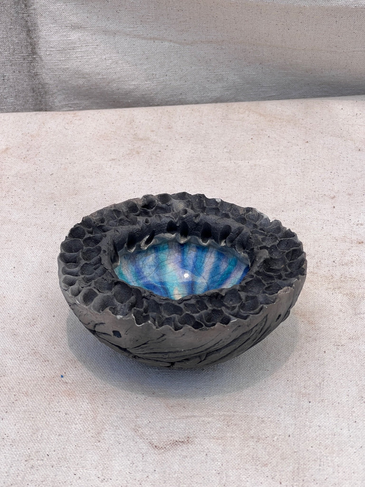 mid century raku pottery bowl blue black glaze interior