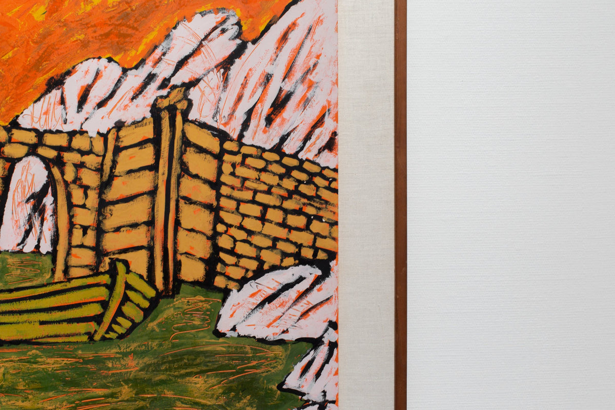 Untitled Abstract Landscape by Lionel Kalish artwork featuring a vibrant landscape with a stone structure and a boat. hommes + gardens estudio.