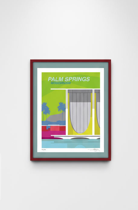 Signed and numbered lithograph Palm Springs Modernism by artist Michael Murphy, celebrating mid-century architectural design and California desert modernism — Hommes and Gardens, Home Decor Collection, Outdoor Decorations, Landscape Architect, Interior Designer, Outdoor Living, Home Design, Luxury Design, Art, Furniture, Objects, Best Gifts, Nature, Backyard, Yard.