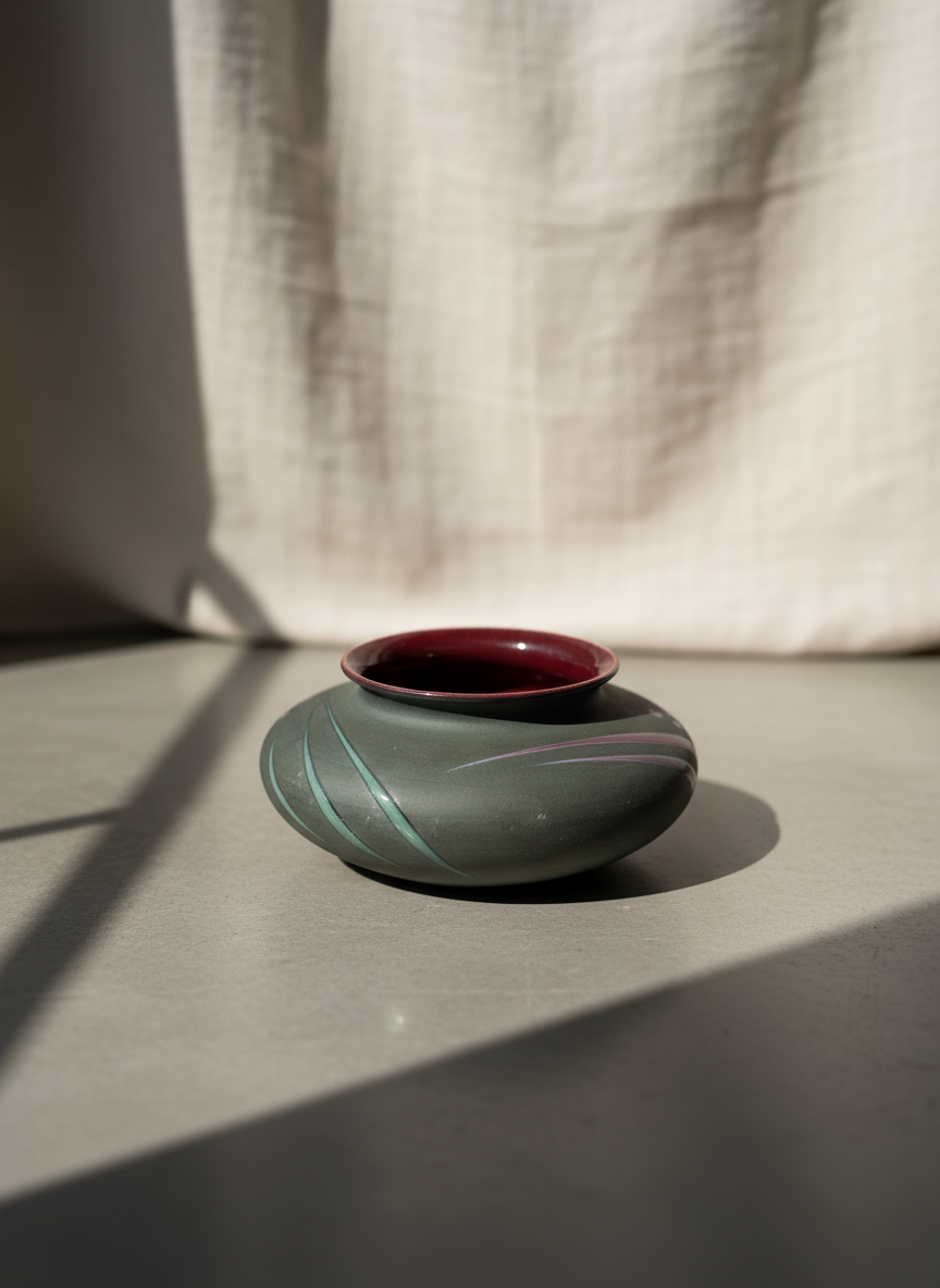 Michael Cho studio art pottery vase handcrafted with textured matte and glossy finishes, maroon and green hand-painted accents, and deep burgundy interior glaze — Hommes and Gardens, Decorative Collection, Home Decor, Landscape Architect, Interior Designer, Outdoor Living, Outdoor Decorations, Home Design, Luxury Design, Art, Furniture, Objects, Best Gifts, Nature, Backyard, Yard.