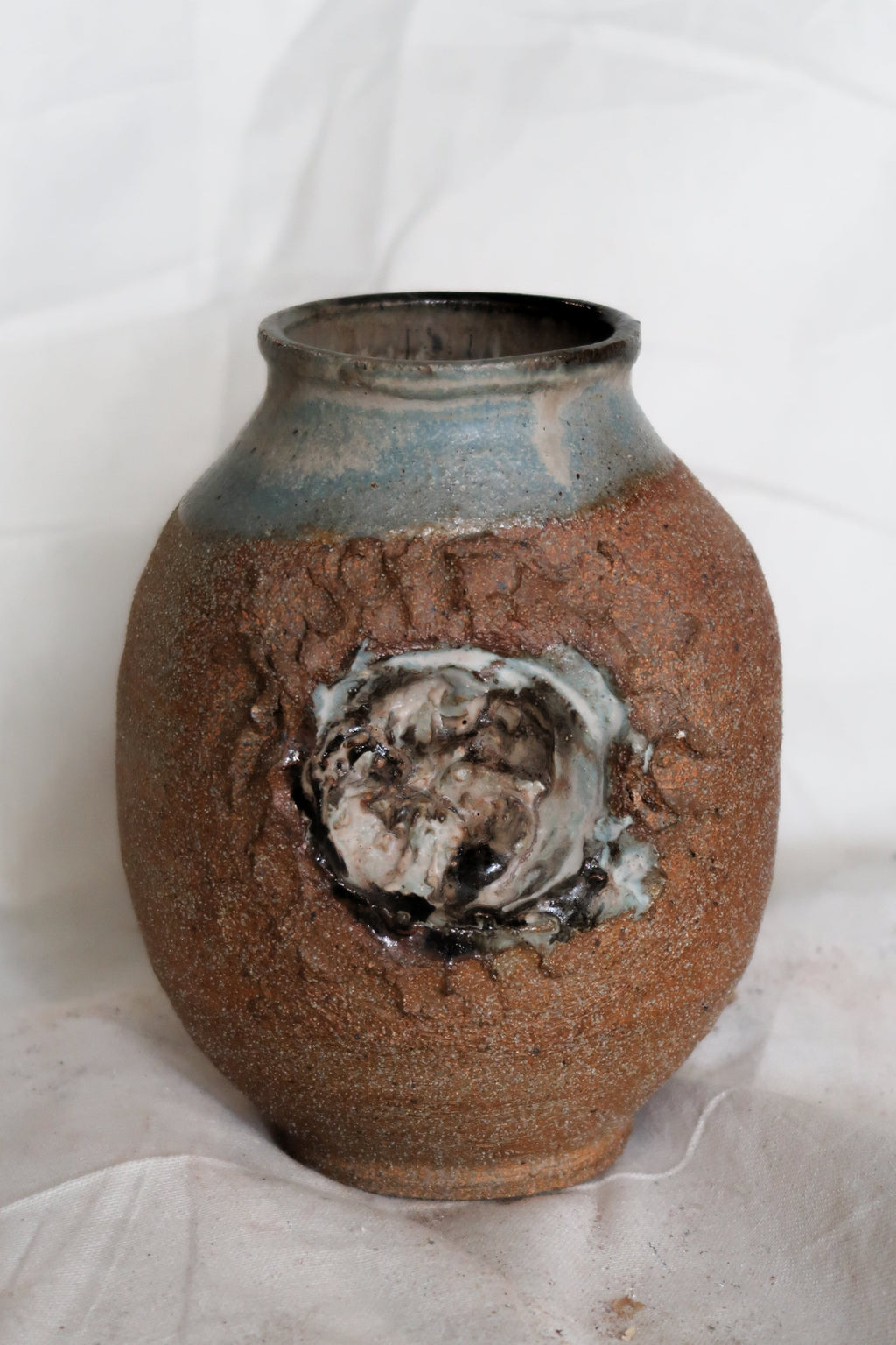 Signed Mid-Century Brutalist Stoneware Vase with unique texture and artist signature. Vintage condition. hommes + gardens estudio.