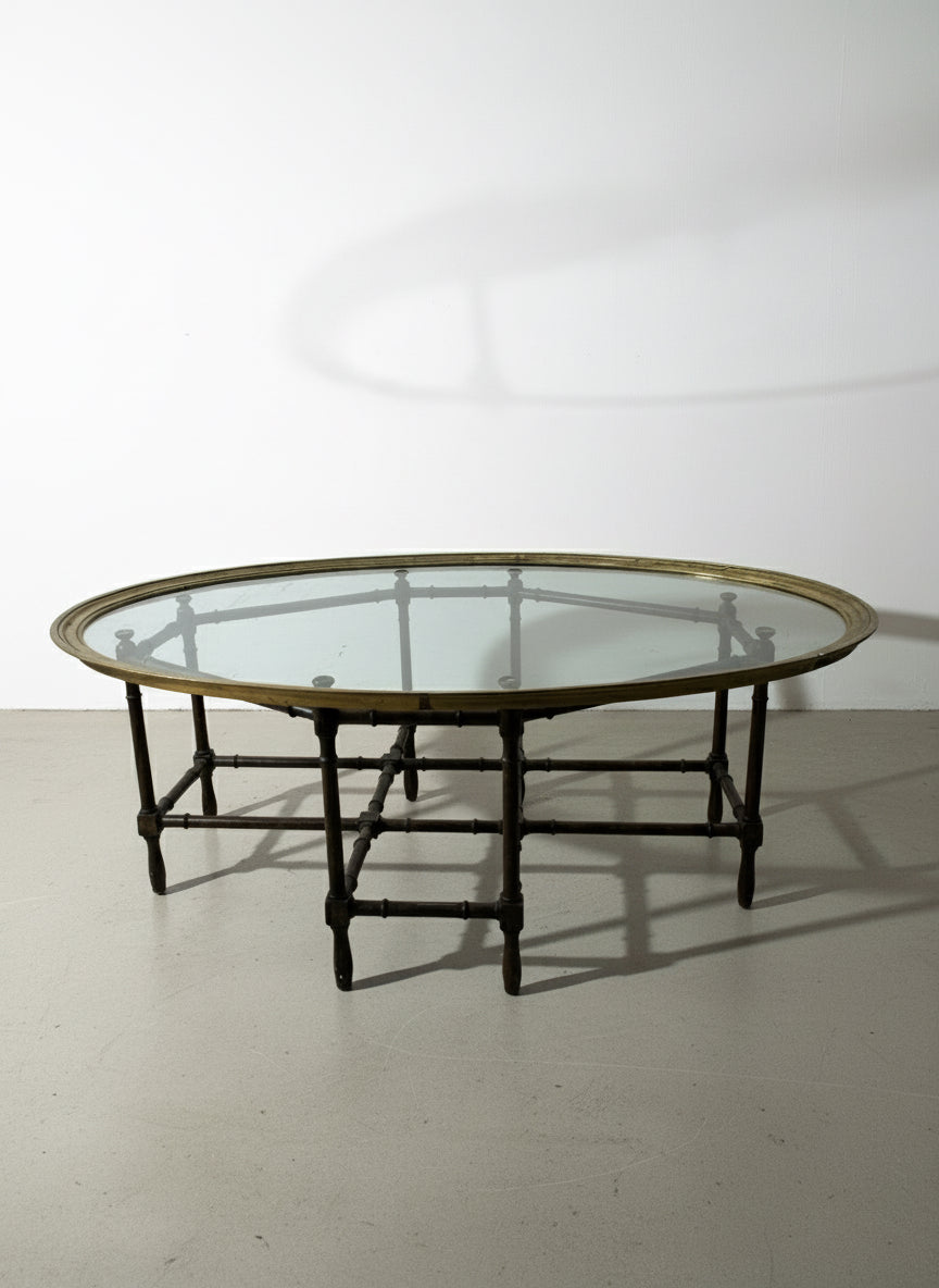 Mid-century faux bamboo brass and glass coffee table attributed to Baker Furniture, featuring an oval glass top, bamboo-form base, and Hollywood Regency style — Hommes and Gardens, Furniture Collection, Home Decor, Landscape Architect, Interior Designer, Outdoor Living, Outdoor Decorations, Home Design, Luxury Design, Art, Furniture, Objects, Best Gifts, Nature, Backyard, Yard.